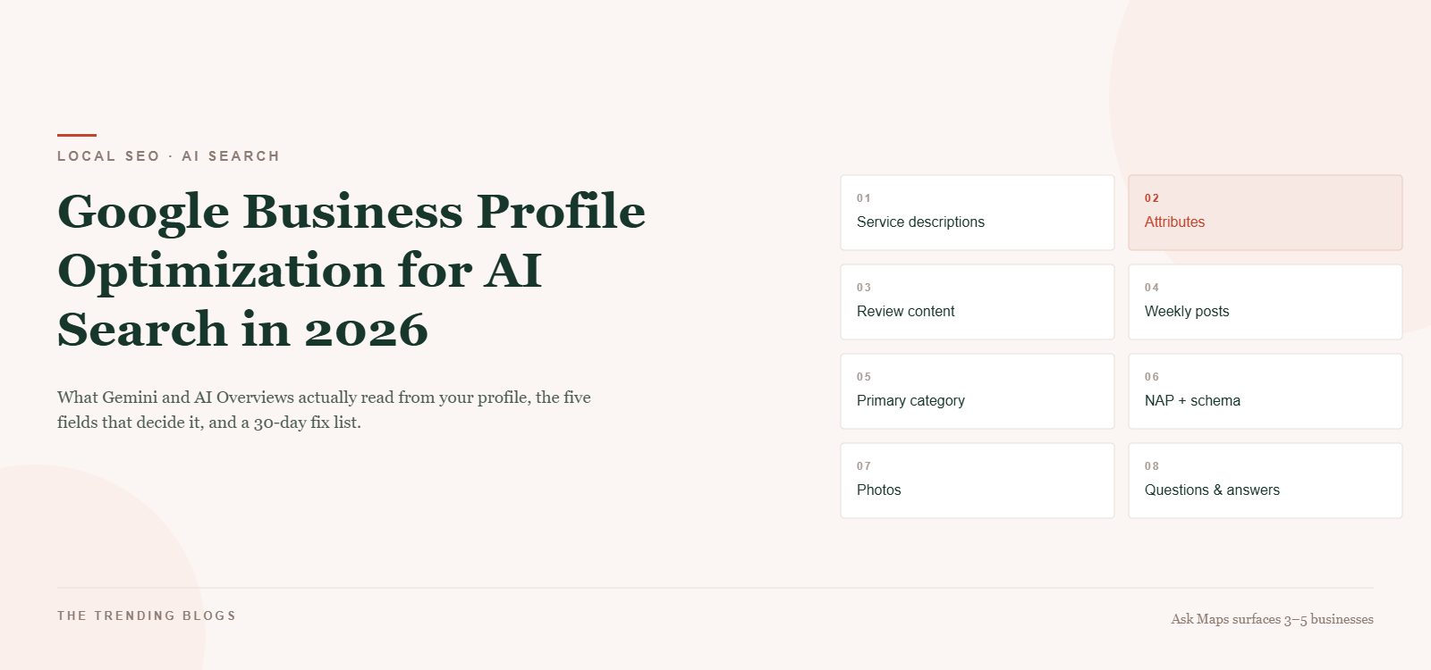 Cover graphic for a guide to Google Business Profile optimization for AI search in 2026, listing the profile fields AI assistants read.