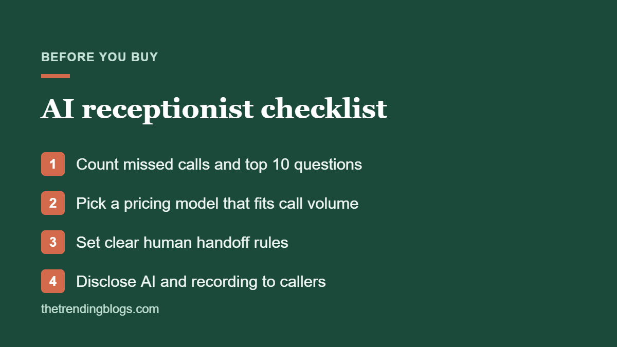 AI receptionist for small business checklist: call data, pricing, handoffs and disclosure